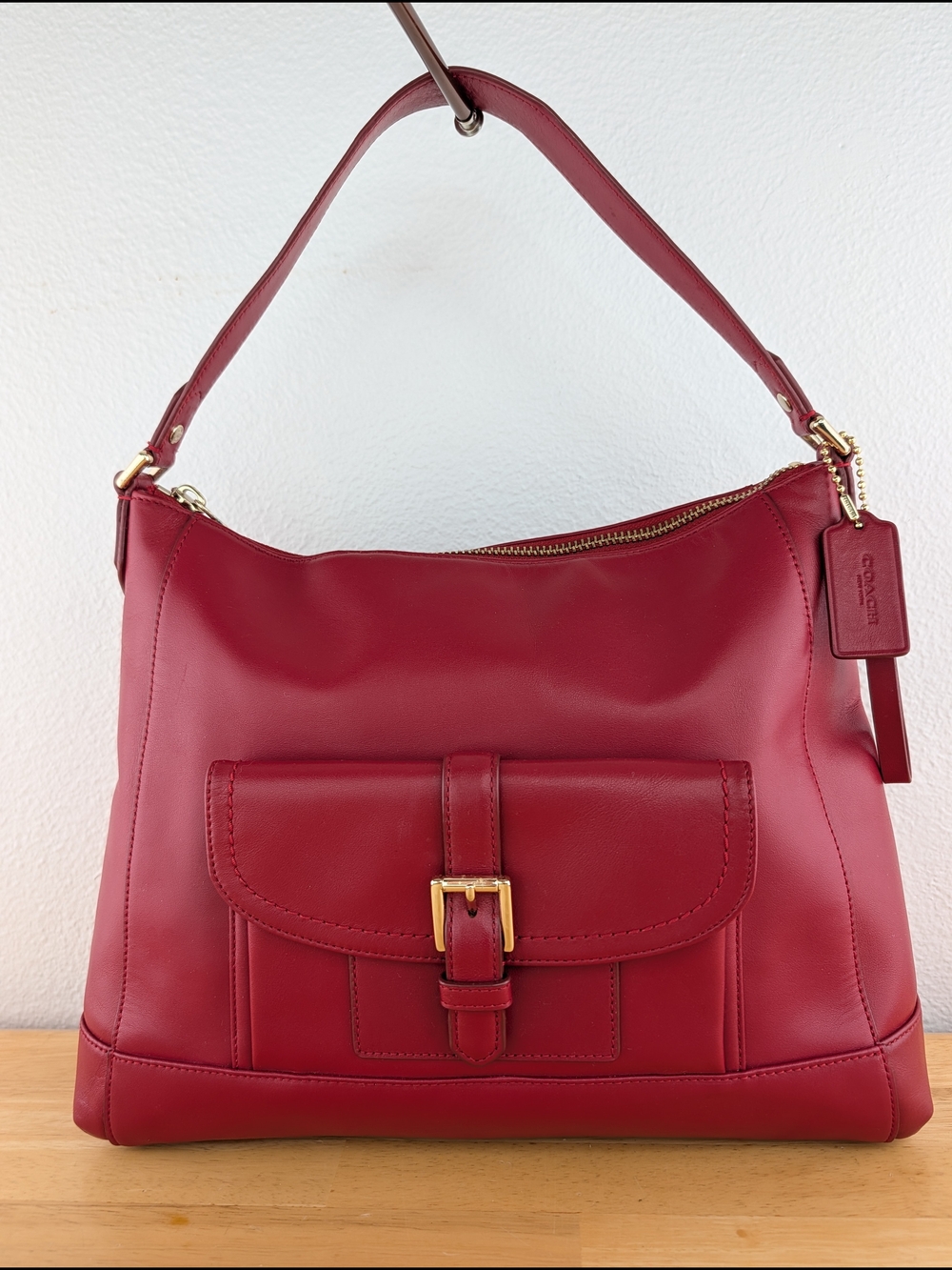 Coach Charlie Hobo Classic Red Leather Shoulder Bag Front Buckle Detail Pocket